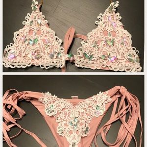 SHEIN lace overlay rhinestone bikini set
